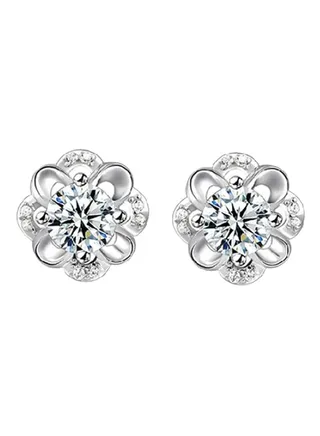 925 Sterling Silver Rhinestone Studded Hollow Flower Stud Earrings 
