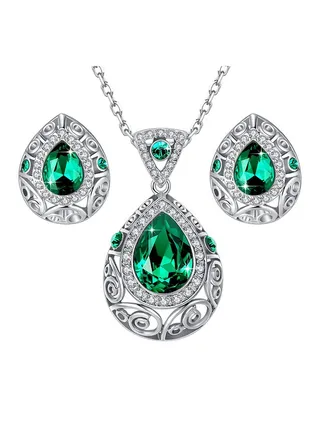 Silver Tone Swarovski Crystals Teardrop Filigree Vintage Style Earrings Pendant Necklace 18-Inch 