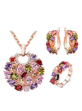 Colorful Zircon Necklace Earrings Set Ladies Jewelry Three-piece 