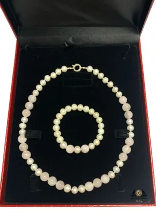 Woman Bracelet and Necklace Set Handmade of Natural 10mm Pearls, Rose Quartz 