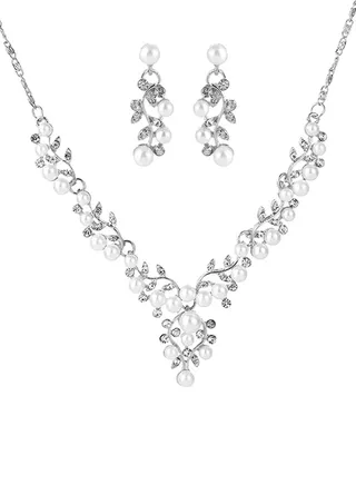 Elegant Rhinestone Pearl Necklace Earring a Set for Bridal 