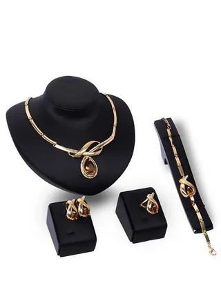 4 Pcs/Set Jewelry for Women, Natural Crystal Pendant Necklace Earrings Bracelet Ring Bridal Jewelry Sets for Brides Wedding Party Costume Accessories Gifts for Women 