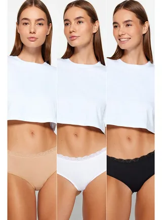 Black-White-Skin Black 3-Pack Cotton Lace Detailed Hipster Knitted Panties THMAW24KU00009 