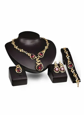 Gold Jewelry Set Alloy Ruby Necklace Ear Ring Bracelet Four-Piece for Women, Statement Ladies Wife Mother Gifts 