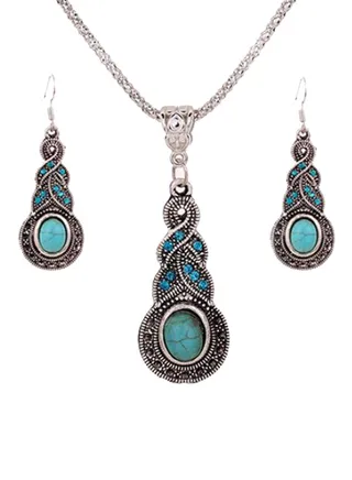 Rhinestone Studded Tibetan Retro Pendant Necklace and Dangle Earrings Set 