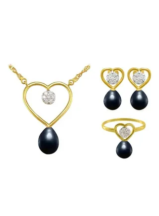 3-Piece 18 Karat Gold Diamonds Pearls Solitaire Heart Jewellery Set 