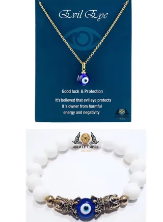 Eye Necklace and  Bracelet Set Queen Cotton Agate Stone for Women Protection of Evil Eye Harmful Energy Negativity Luck 