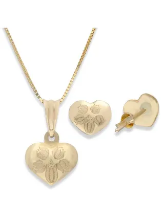 Gold Heart Shaped Pendant Set (Necklace and Earrings) 18KT - FKJNKLST18KU2006 