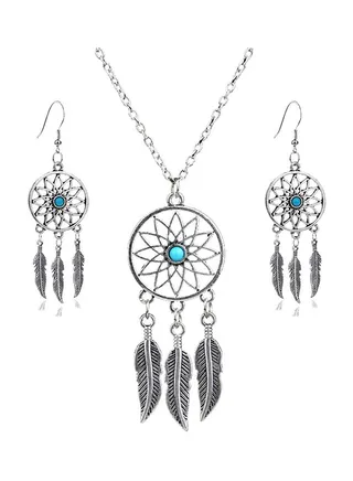 Retro Silver Turquoise Feather Dream Catcher Pendant Necklace Earrings 