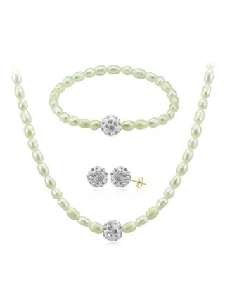 18 Karat Crystal Balls And Pearls Strand Jewellery Set 