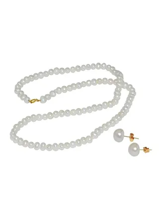 18 Karat Gold White Pearl Strand Necklace And Earrings Set 