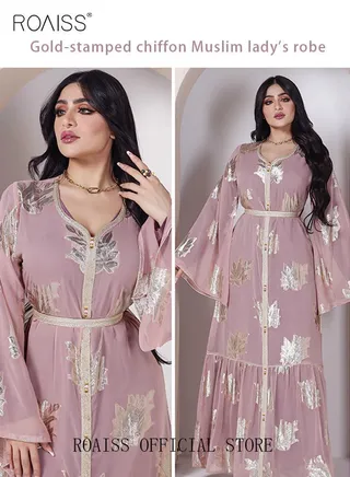 Women Luxury V-neck Bronzing Chiffon Robe Maxi Dresses with Lining Exclusive Styles Modern Stylish Abaya Middle East Arabic Banquet Wedding Party Dress Women's Festival Clothing Pink 