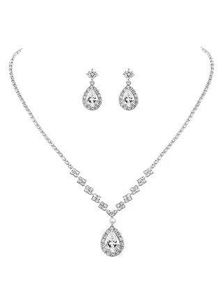 Bride Crystal Necklace Earrings Set Bridal Wedding Jewelry Sets Rhinestone Choker Necklace Prom Costume Jewelry Set for Women and Girls3 piece set - 2 earrings and 1 necklace 