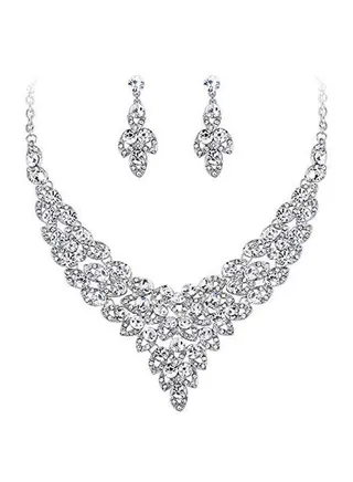 Austrian Crystal Studded Floral Hollow Leaves V Shape Jewellery Set 