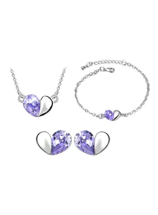 Alloy Rhodium Plated Crystal Studded Pendant Necklace With Studs And Bracelet Set 