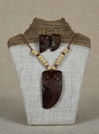 Handcrafted Coconut Shell Owl Shaped with Beads Necklace Set 