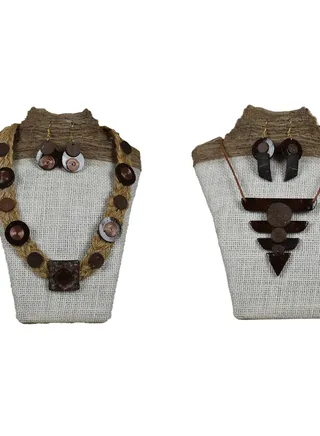 N&H Handmade Coconut Wood Geometric Pattern with Jute Design Combo Necklace with Earrings, Combo Set of 2 