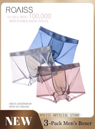 3 Pack Set Men's Boy's Boxers Shorts Briefs Seamless Cool Breathable Soft Underpants Summer Ice Silk Elastic Large Size Classic Underwear Blue+Light Grey+Bean Paste Red 