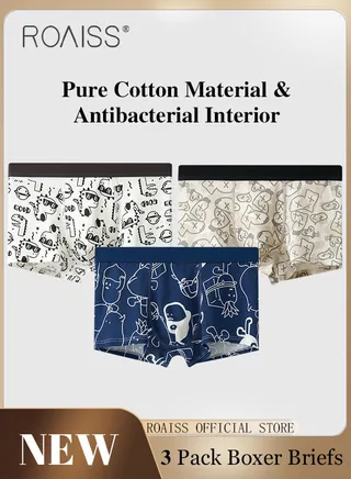 3 Pack Collection of Men Underwear Men Cotton Boxer Briefs of Mid Rise Square Cut Underwear with Antibacterial Lining 