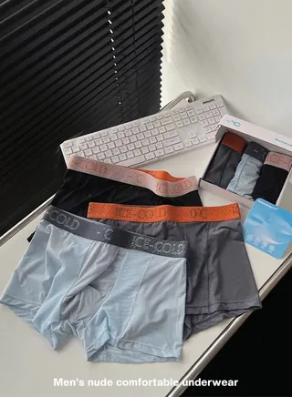 3-Piece Ice Silk Medium Waist Panties Breathable Quick-drying Men’s Teenager Boys Boxer Brief Antibacterial Underwear Set Blue+Black+Dark Grey 