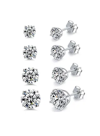 Sterling Cubic Zirconia CZ Stud Earrings Round Cut 3mm 4mm 5mm 6mm Clear Crystal for Men Women 4 Sets 