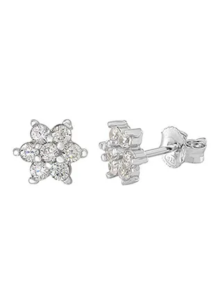 925 Sterling Silver 6 Petal Flower April Birth Month Stud Earrings 