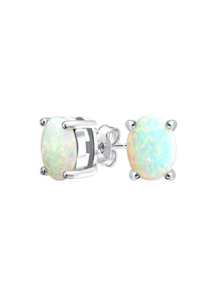 925 Sterling Silver Oval Synthetic Opal Studded Stud Earrings 