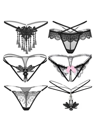 Zeemey 6 Pack Women’s Charming Panties,Lace Thongs G-String with Pearls Ball 