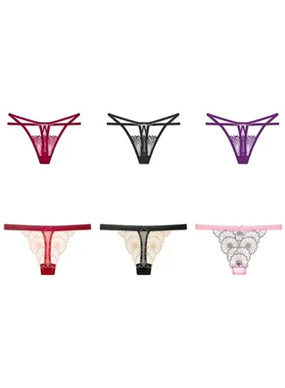 Zeemey 6 Pack Womens Charming Floral Lace Breathable Stretch G-String Thongs Panties Underwear Low Rise T-Back Underpants with Cute Bow Center 