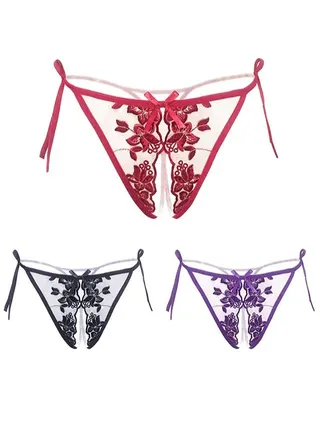 Zeemey 3 Pack Womens Charming Floral Lace Breathable Stretch G-String Thongs Panties Underwear Low Rise T-Back Underpants with Cute Bow Center 