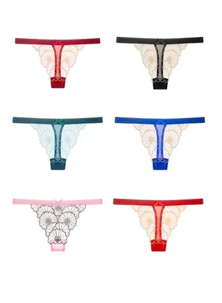 Zeemey 6 Pack Womens Charming Floral Lace Breathable Stretch G-String Thongs Panties Underwear Low Rise T-Back Underpants with Cute Bow Center 