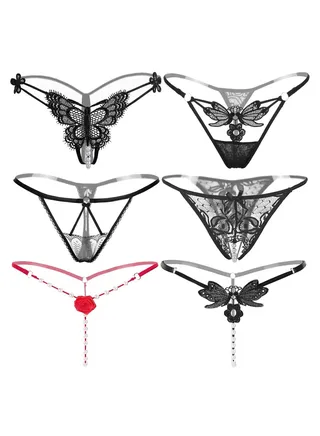 Zeemey 6 Pack Women’s Charming Panties,Lace Thongs G-String with Pearls Ball 