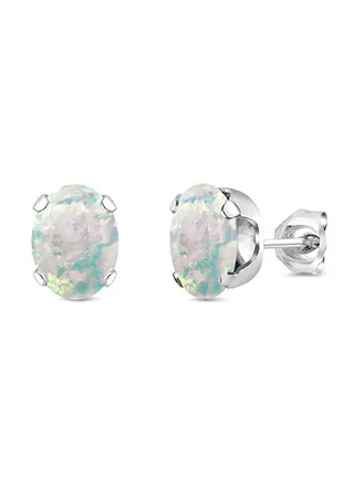 925 Sterling Silver 2.10 Carat Oval Cabochon Simulated Opal Stud Earrings 