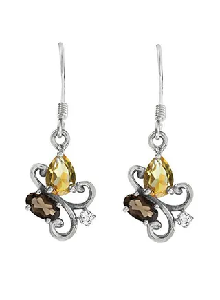 925 Sterling Silver Smoky Quartz And White Topaz Dangle Earrings 
