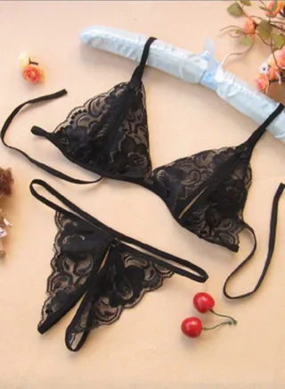 Women Fashion Babydoll Underwear Bra G-string Open Crotch Gift black 