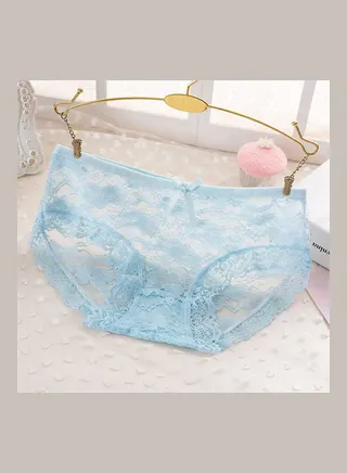 Low Waist Breathable Briefs Hollow Lace Underpants Light Blue 