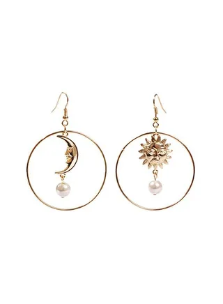 925 Sterling Silver Imitation Pearl Studded Moon And Star Dangle Earrings 