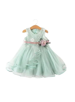 Girls Tulle Flower Print Sleeveless Dresses Green 