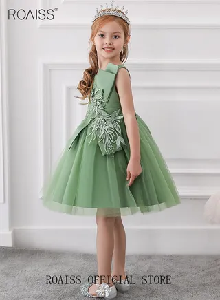 Girls Party Dress Appliques Mesh Gown Flower Princess Dress Sleeveless Toddler Little Kids Flower Party Wear Wedding Evening Formal Pageant Dance Gown for Birthday Green 