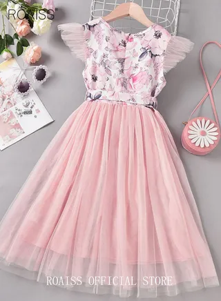 Girls' Floral Mesh Patchwork Princess Dress for Spring, Korean Style, Suitable for Big Girls, INS Fashion 