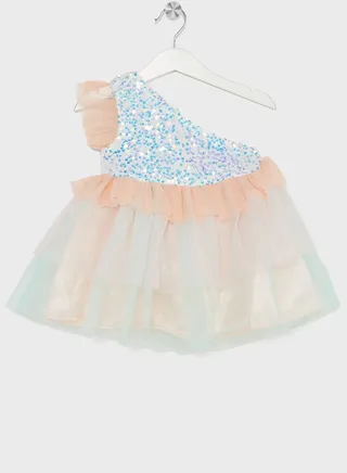 Nauti Nati Girls Embellished Sequined Layered Net Fit  Flare Dress 