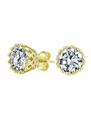 Sterling Silver Vermeil Round Cubic Zirconia Crown Stud Earrings 