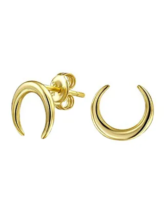 925 Sterling Silver Gold Plated Crescent Moon Tribal Horn Stud Earrings 