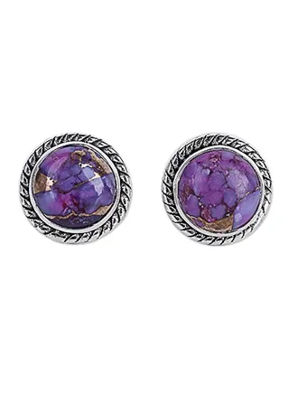 Round Purple Reconstituted Turquoise .925 Sterling Silver Stud Button Earrings 'Purple Radiance' 