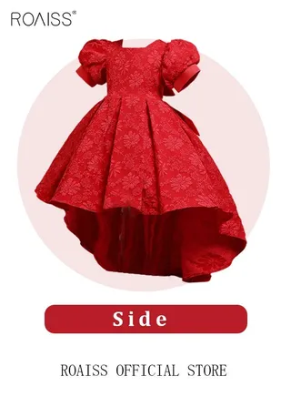 Girls Bow Back Tie Back Gown Dress High Low Hem Party Dress Puff Sleeve Princess Dress Toddler Little Kids Party Wear Wedding Evening Formal Pageant Dance Gown for Birthday Red 