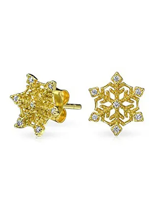 925 Sterling Silver Gold Plated Snowflake Stud Earrings 