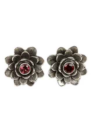 925 Sterling Silver Garnet Flower Button Stud Earrings 
