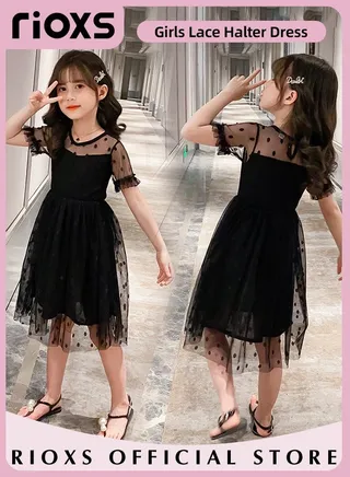 Girls Short Sleeve Lace Midi Dresses Round Neck Polka Dot Dresses Casual Loose Tulle Dresses 