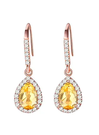 Natural Citrine Crystal Rose Gold Plated With Cubic Zirconia Stone 925 Sterling Silver Earrings 