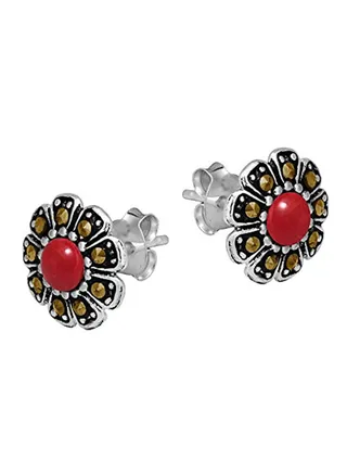 925 Sterling Silver Red Coral And Marcasite Style Earrings 
